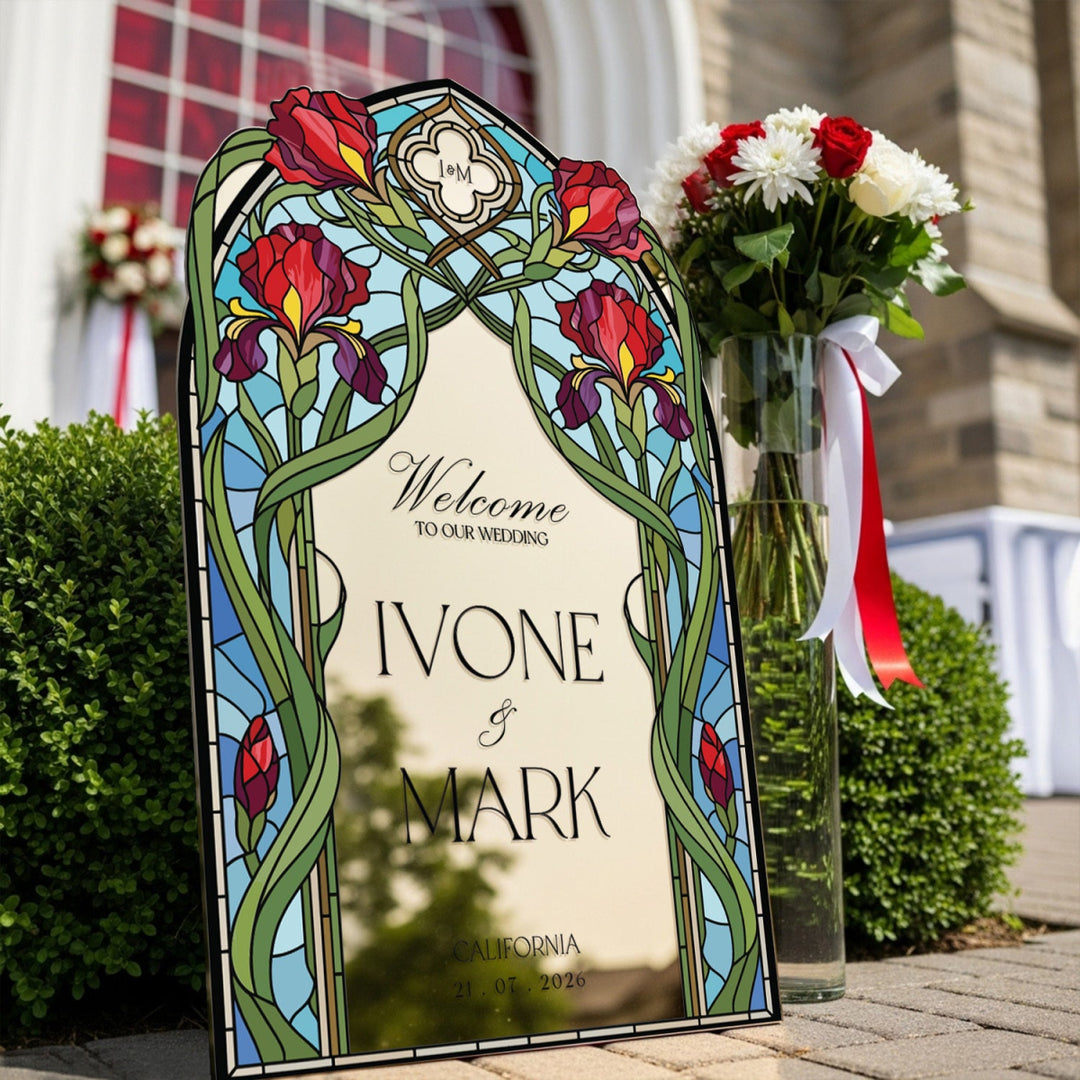 Wedding Welcome Sign, Acrylic Red Floral Wedding Signs - SpeedyOrders