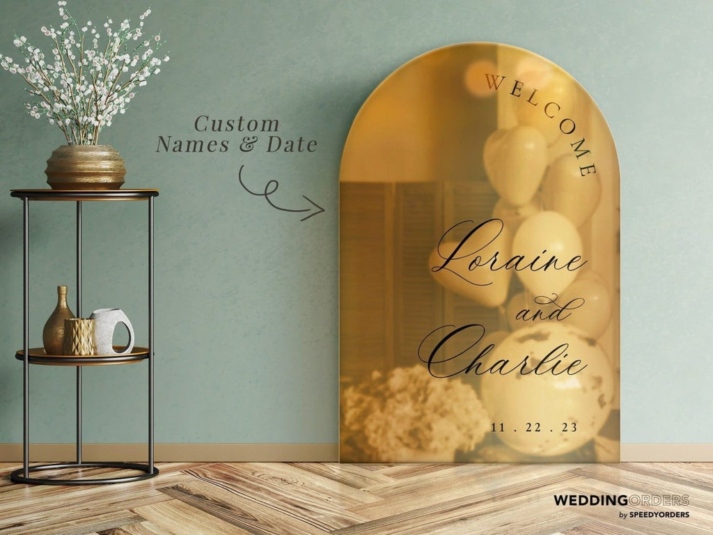 Wedding Welcome Sign, Custom Arched Gold Mirror Wedding Sign - SpeedyOrders