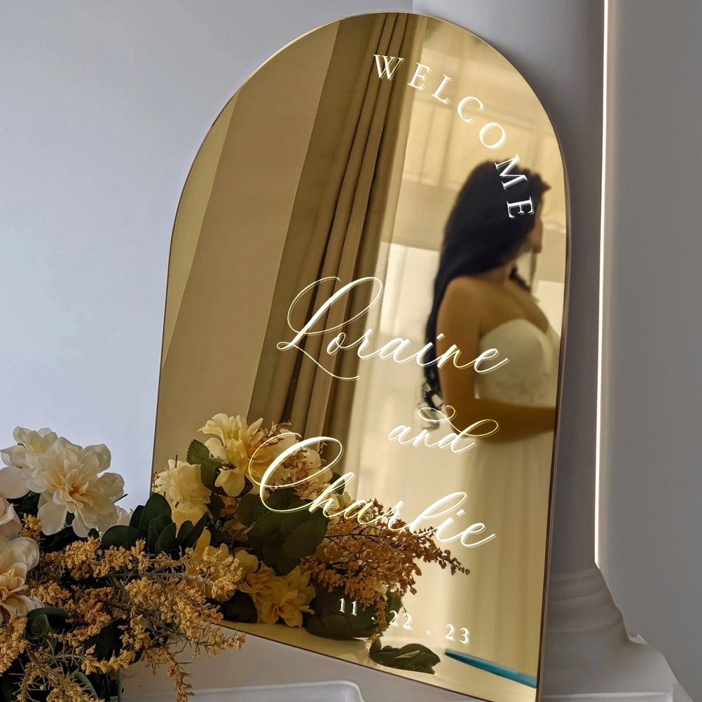 Wedding Welcome Sign, Custom Arched Gold Mirror Wedding Sign - SpeedyOrders