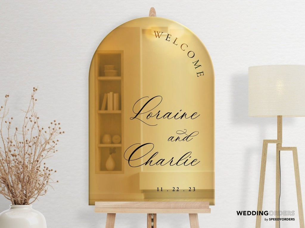 Wedding Welcome Sign, Custom Arched Gold Mirror Wedding Sign - SpeedyOrders