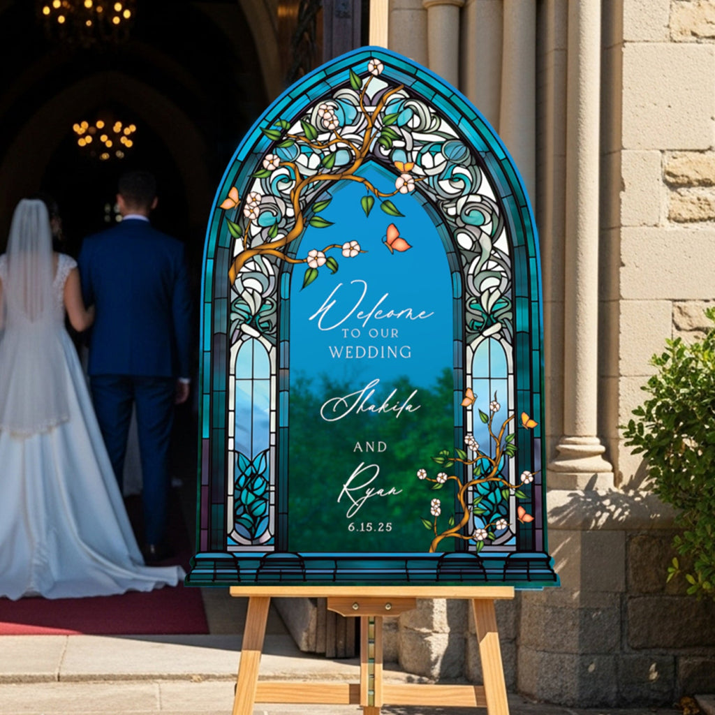 Wedding Welcome Sign, Stained Glass Wedding Entrance Sign, Custom Wildflowers Wedding Sign - SpeedyOrders