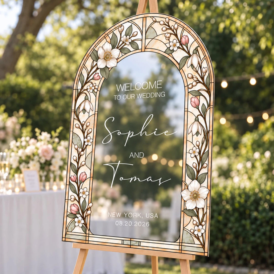 White Anemone Stained Glass Wedding Welcome Sign — Spring Floral Arch - SpeedyOrders