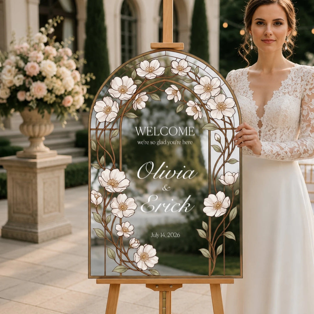 White Daisy Stained Glass Wedding Welcome Sign — Clear Botanical Arch - SpeedyOrders