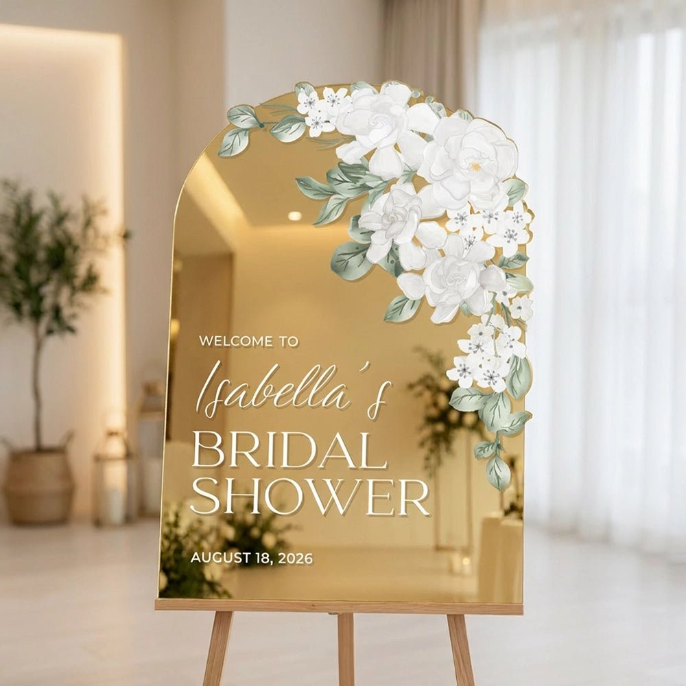 White Floral Mirror Bridal Shower Sign — Arch - SpeedyOrders
