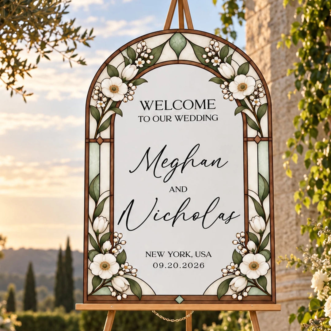 White Floral Stained Glass Mirror Wedding Welcome Sign — Elegant Arch - SpeedyOrders