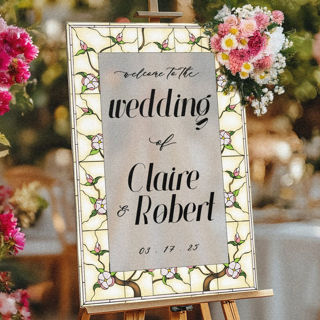 White Floral Wedding Welcome Sign, Cream Blossom Stained Glass Wedding Sign - SpeedyOrders