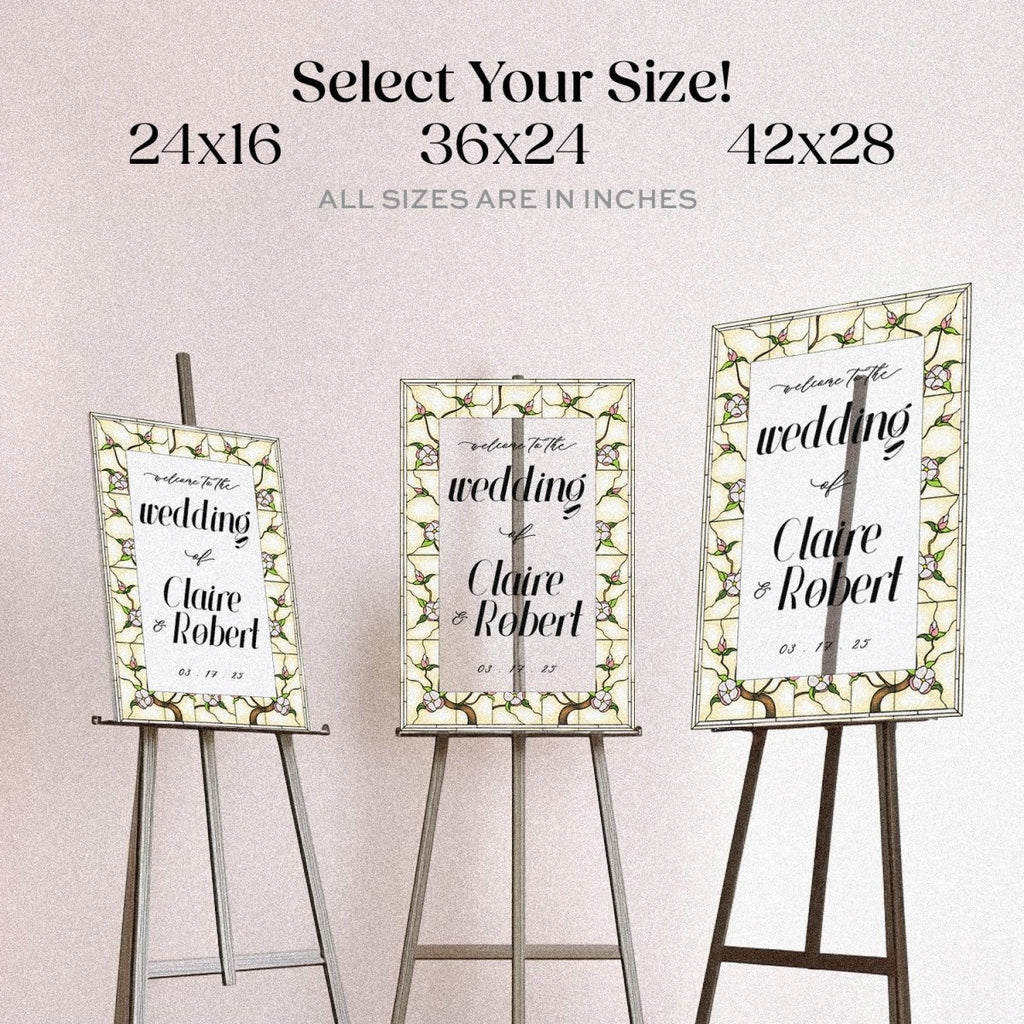 White Floral Wedding Welcome Sign, Cream Blossom Stained Glass Wedding Sign - SpeedyOrders