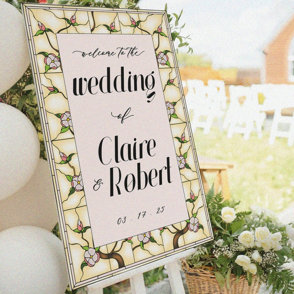 White Floral Wedding Welcome Sign, Cream Blossom Stained Glass Wedding Sign - SpeedyOrders