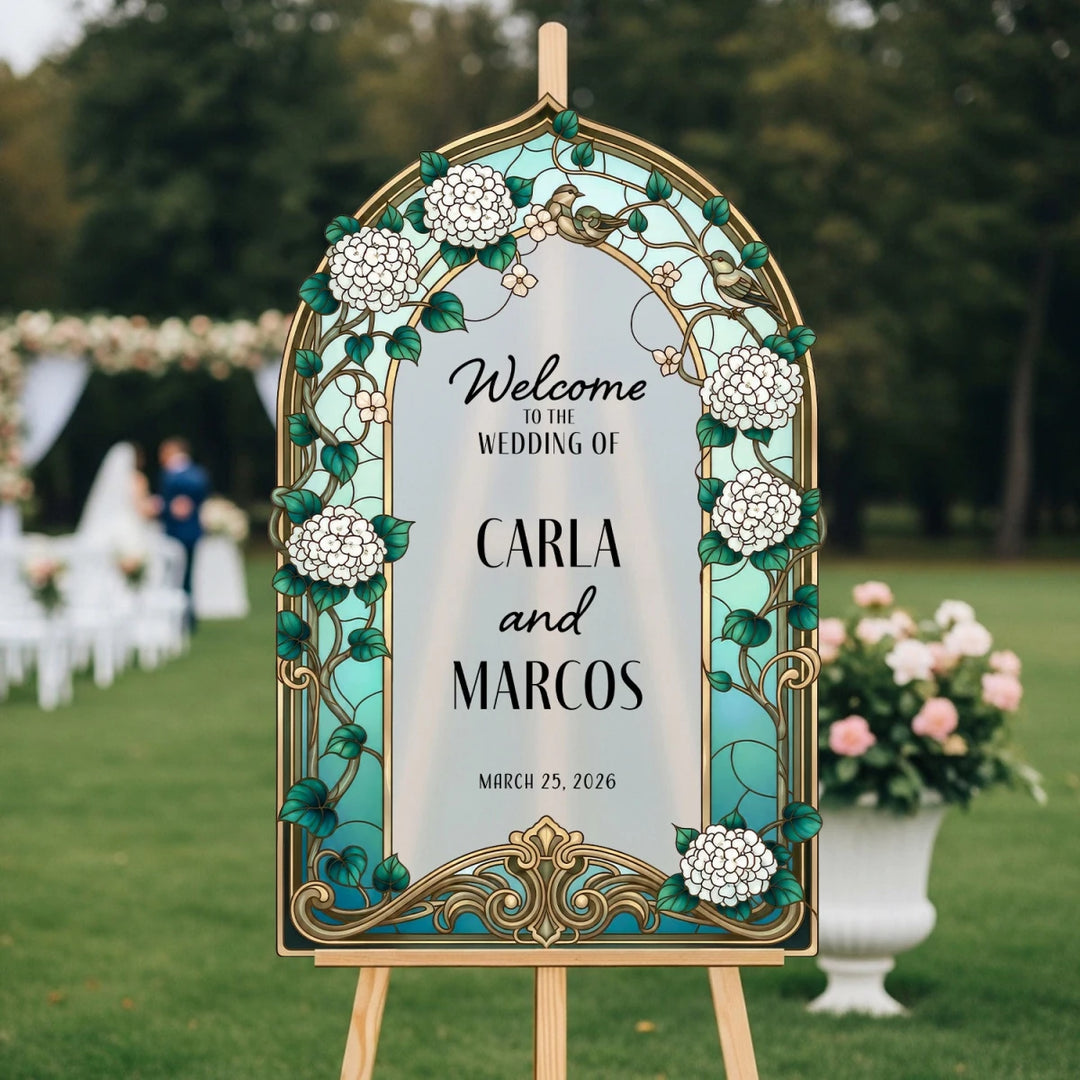 White Hydrangea Stained Glass Wedding Welcome Sign — Art Nouveau Arch - SpeedyOrders