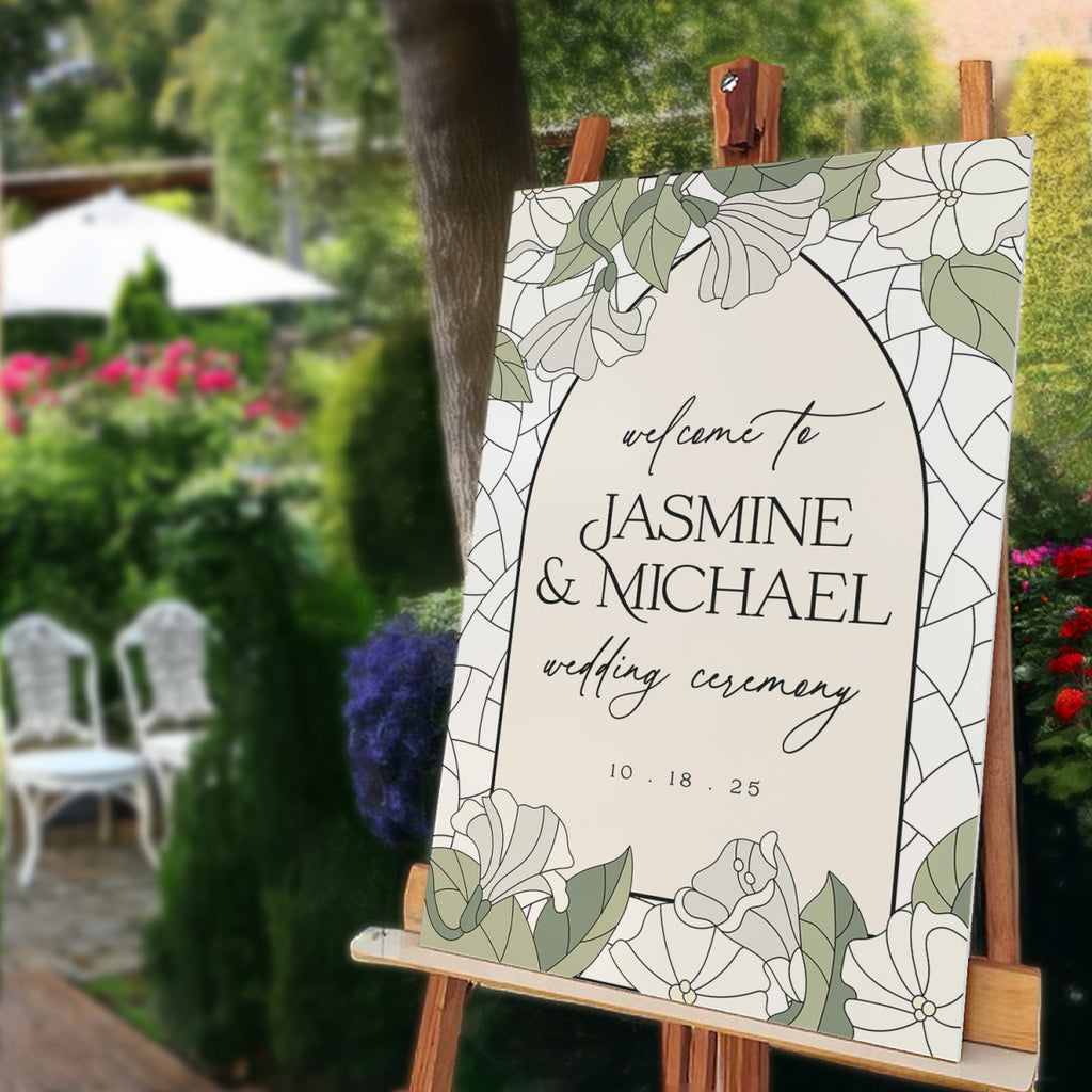 White Lillies Wedding Sign, Floral Welcome Sign with Stain Glass Style - SpeedyOrders