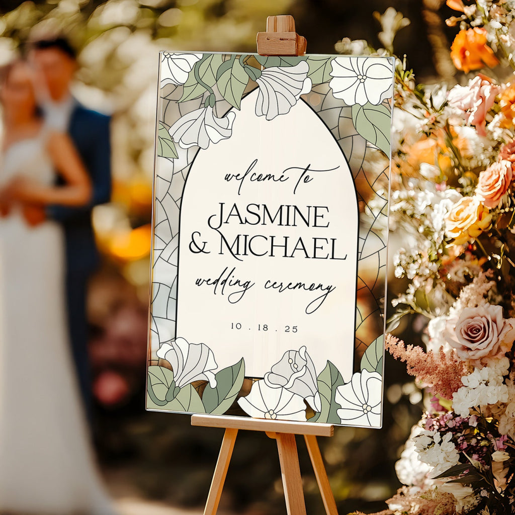 White Lillies Wedding Sign, Floral Welcome Sign with Stain Glass Style - SpeedyOrders