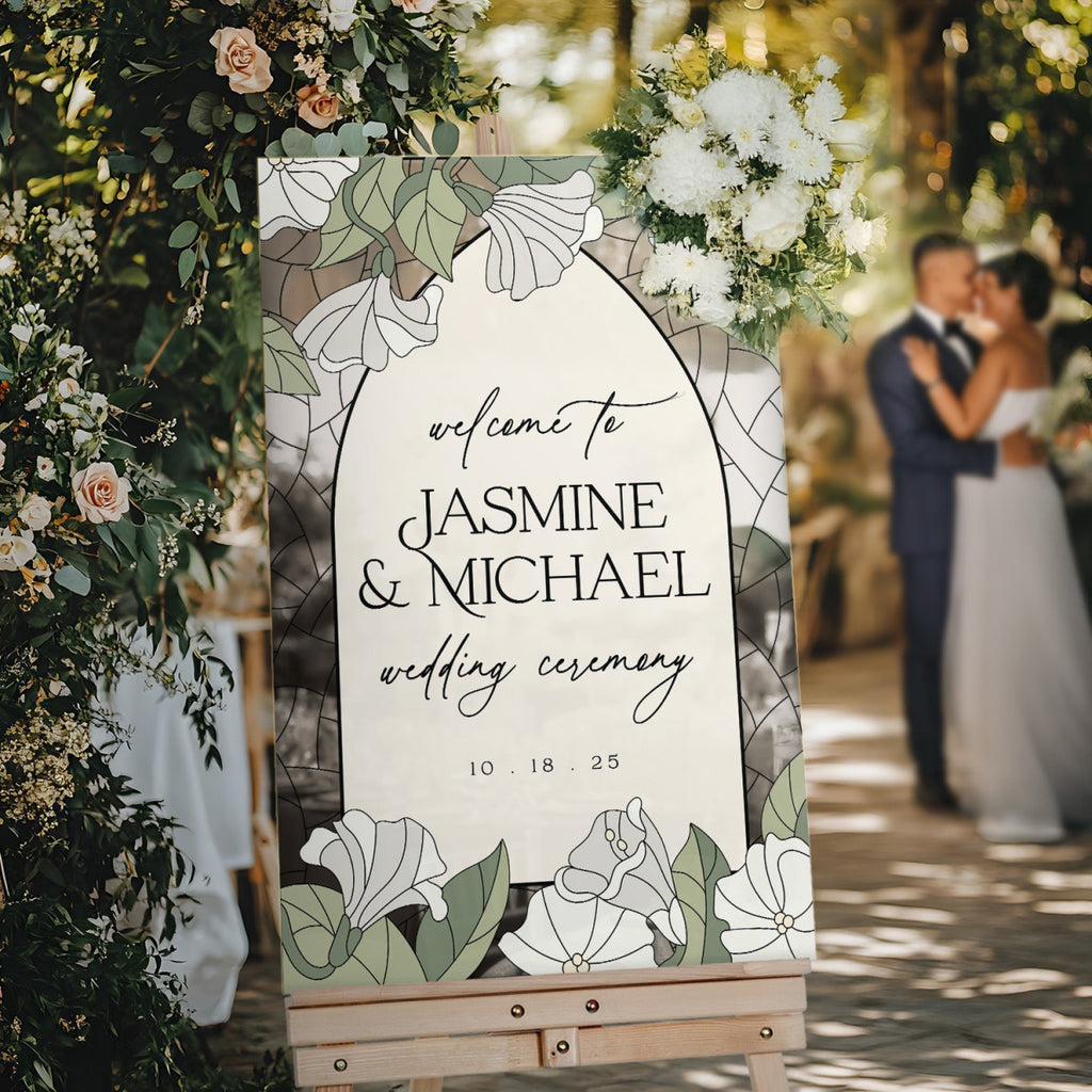 White Lillies Wedding Sign, Floral Welcome Sign with Stain Glass Style - SpeedyOrders