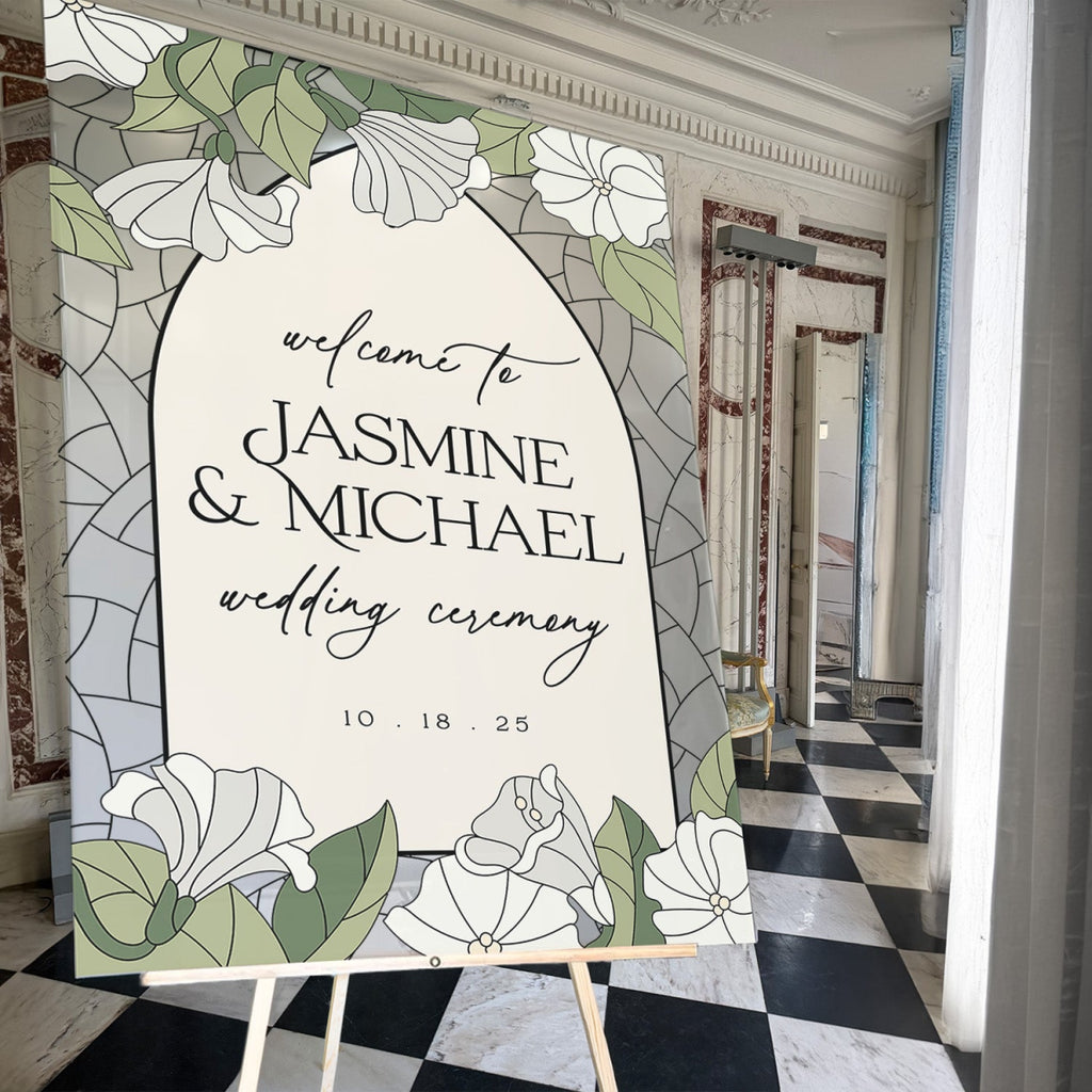 White Lillies Wedding Sign, Floral Welcome Sign with Stain Glass Style - SpeedyOrders