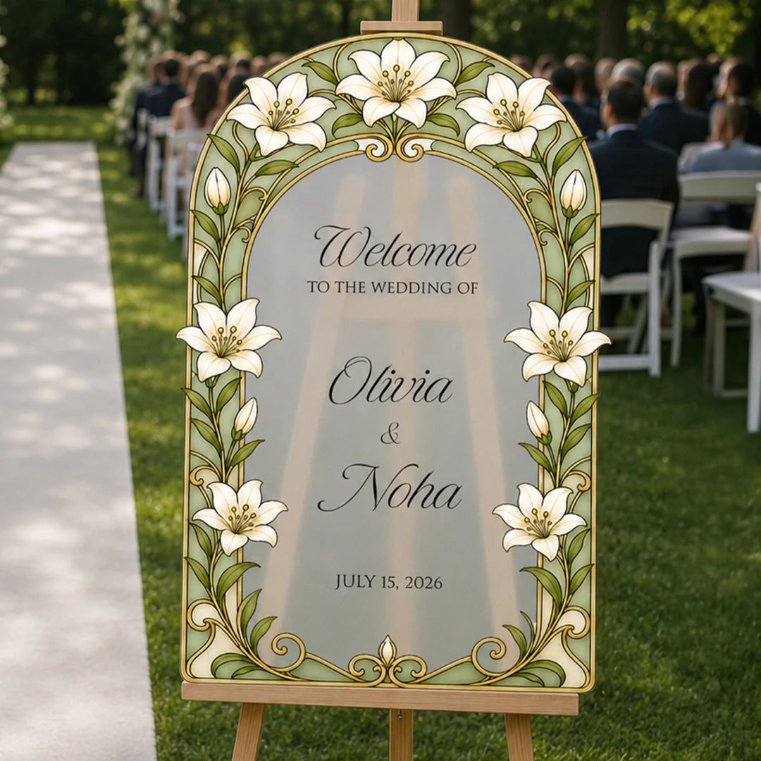 White Lily Narcissus Wedding Welcome Sign — Gold Botanical Arch - SpeedyOrders