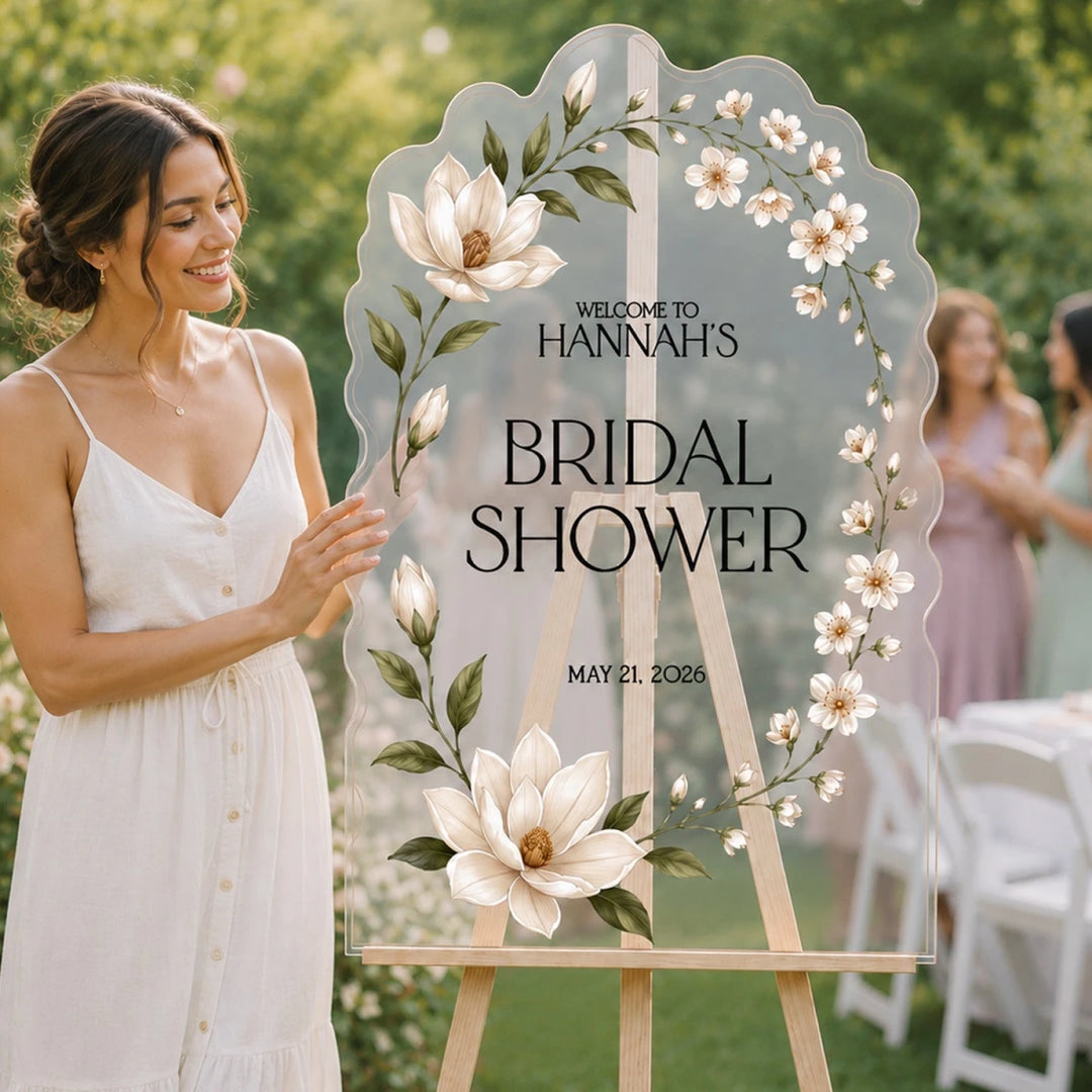 White Magnolia Art Nouveau Bridal Shower Welcome Sign - SpeedyOrders