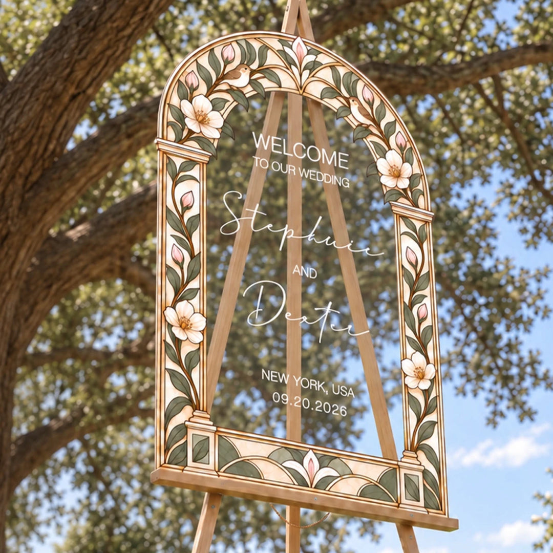 White Magnolia Stained Glass Wedding Welcome Sign — Art Nouveau Arch - SpeedyOrders