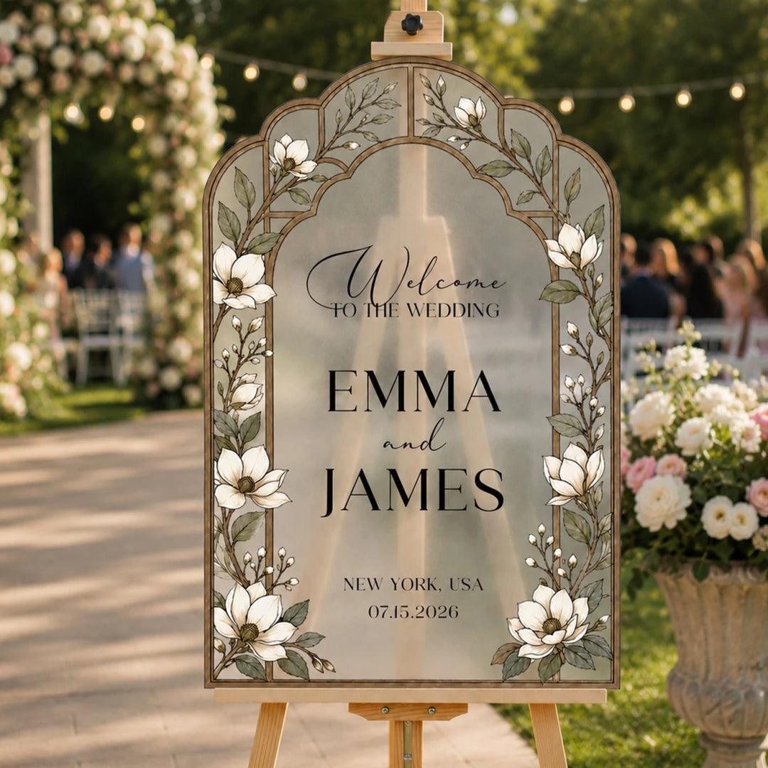 White Magnolia Stained Glass Wedding Welcome Sign — Neutral Wood Arch - SpeedyOrders