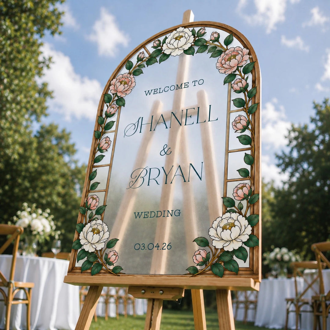 White Peony Botanical Arch Wedding Welcome Sign - SpeedyOrders