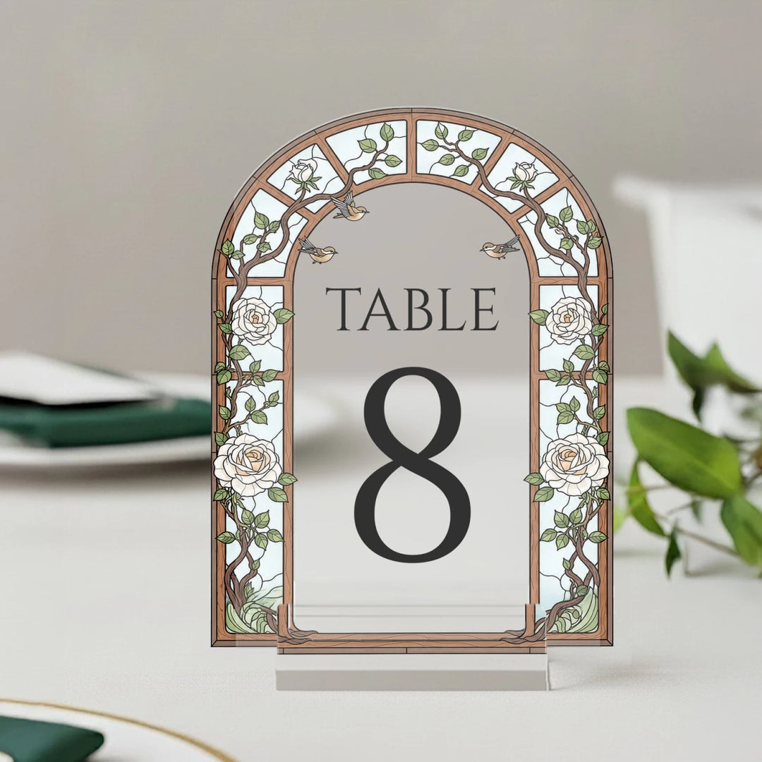 White Rose Vine Wedding Table Numbers — Climbing Vine Border - SpeedyOrders