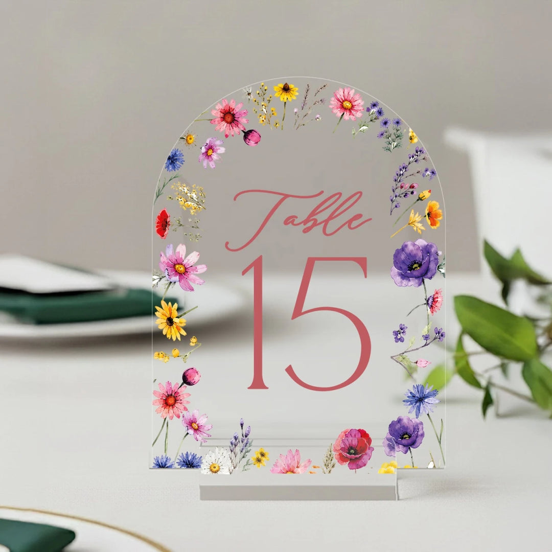 Wildflower Acrylic Wedding Table Numbers — Colorful Floral Arch - SpeedyOrders
