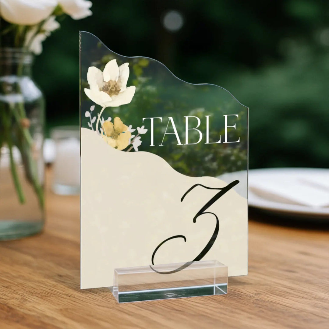 Wildflower Wedding Table Numbers, Wedding Table Signs, Frosted Acrylic Or Mirrors Table Numbers, Wildflowers Wedding Decorations - SpeedyOrders