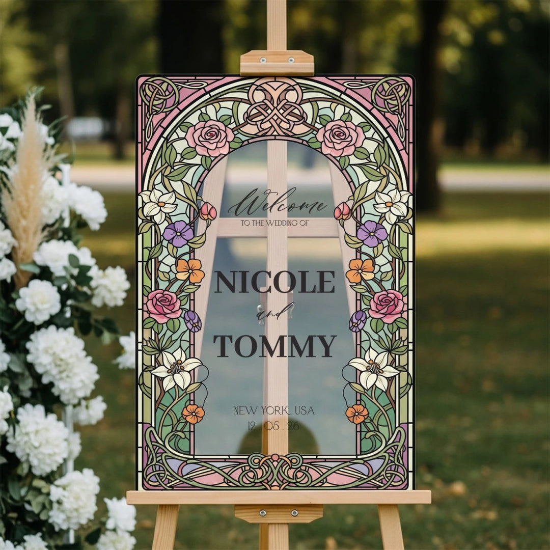 Wildflowers Mirror Wedding Welcome Sign, Stained Glass Wedding Sign - SpeedyOrders