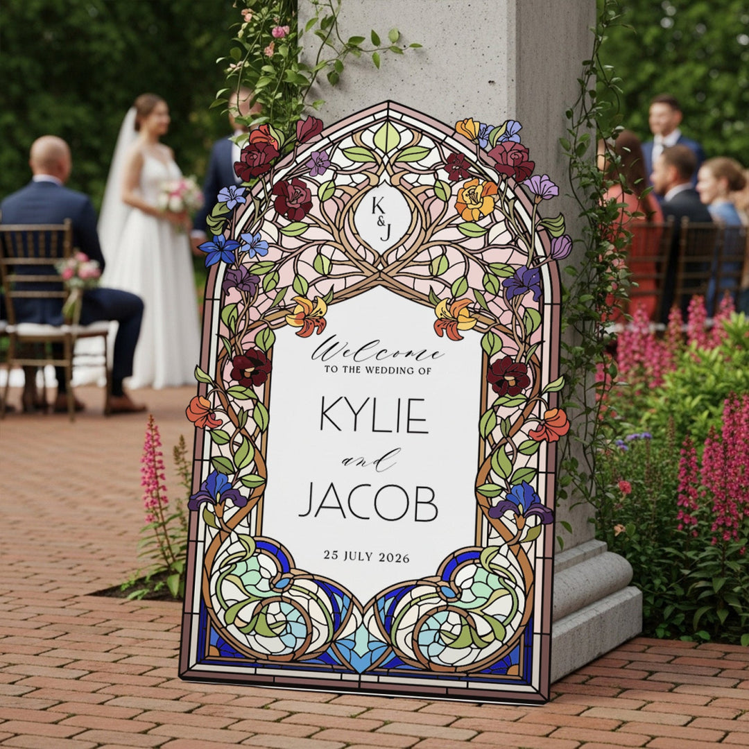 Wildflowers Stained Glass Wedding Sign, Mirror Wedding Welcome Sign - SpeedyOrders