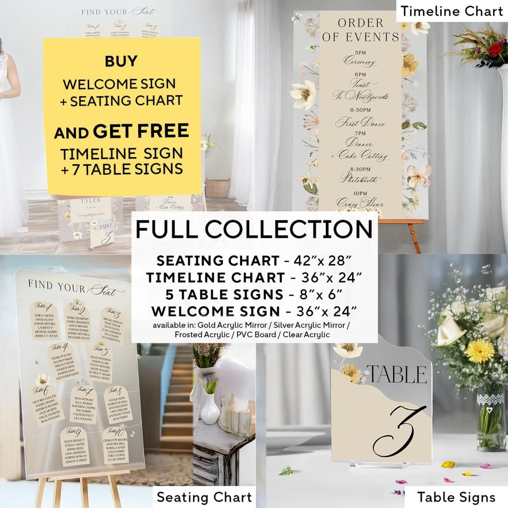 Wildflowers Wedding Bundle Set, Floral Wedding Welcome Sign Bundle, Seating Chart, Order Of Events and Table Signs - SpeedyOrders