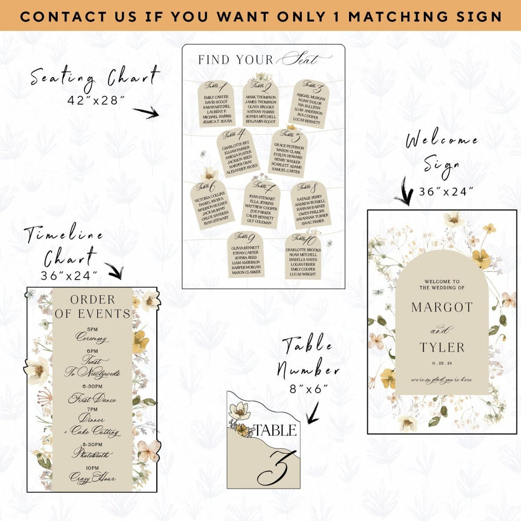 Wildflowers Wedding Bundle Set, Floral Wedding Welcome Sign Bundle, Seating Chart, Order Of Events and Table Signs - SpeedyOrders