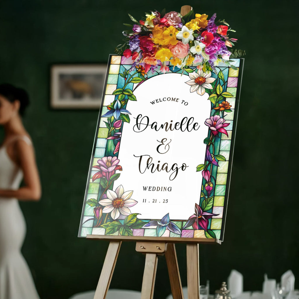Wildflowers Wedding Sign, Stained Glass Floral Wedding Welcome Sign - SpeedyOrders