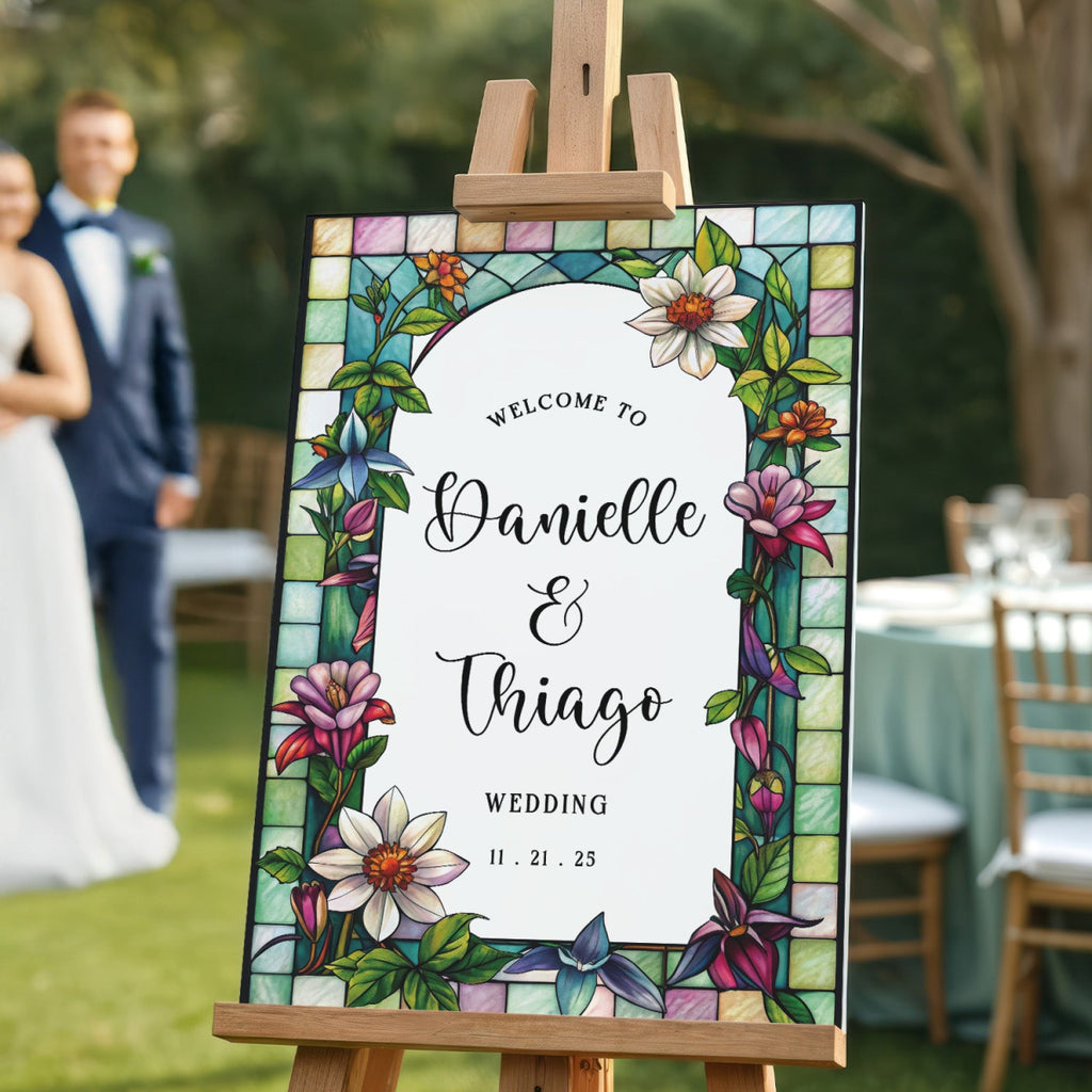 Wildflowers Wedding Sign, Stained Glass Floral Wedding Welcome Sign - SpeedyOrders