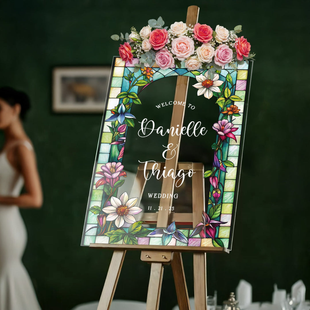 Wildflowers Wedding Sign, Stained Glass Floral Wedding Welcome Sign - SpeedyOrders