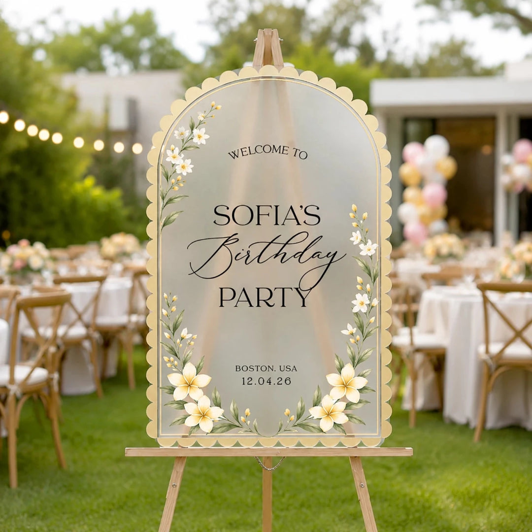 Yellow Floral Birthday Welcome Sign — Scalloped Botanical Arch - SpeedyOrders