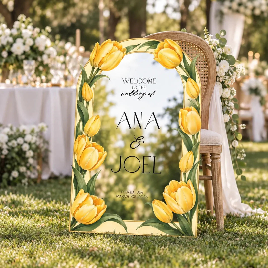 Yellow Tulip Floral Arch Mirror Wedding Welcome Sign — Spring Botanical Entry Board - SpeedyOrders